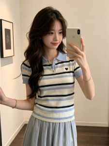 PEIXI | Dopamine-inspired Blue Stripe Polo Collar Short Sleeve T-shirt