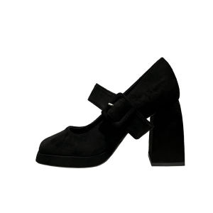 Black Velvet High Heels Womens Fashionable Flat Buckle Embellished Square Head Heightening Mary Jane Single Shoes Waterproof Platform