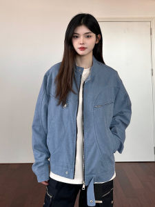 AHCN American Spliced Canvas Jacket Mens Loose Zipper Top Street Style Trendy Youth Pop Cotton Long Sleeve Coat for Autumn Winter