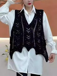 เสื้อกั๊กถักแฟชั่นสไตล์เกาหลีสำหรับผู้หญิงในช่วงฤดูใบไม้ผลิ ฤดูใบไม้ร่วงและฤดูหนาว เสื้อคลุมกันหนาวคอวีแบบหลวมๆ ทรงสลิมฟิต