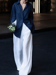 Bộ Áo Sơ Mi Nữ Tay Dài Màu Xanh Cạp Cao Thời Trang Thu Đông 2024 Bộ Đồ Hai Mảnh Chất Liệu Polyester Dài Thường Ngày