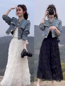 Spring Fashion Denim Skirt Set Womens Mini Size Cute And Youthful Looking Complete Set of Stylish Outfit Polyester Long Sleeve