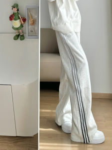 กางเกงวอร์มทรงตรงผ้าขนแกะสไตล์อเมริกันสำหรับผู้ชาย กางเกงขายาวทรงตรงทรงหลวมสบาย ๆ สำหรับฤดูหนาว กางเกงขายาวทรงตรงลายทาง