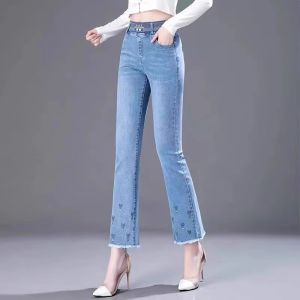 High Waist Bell Bottom Jeans Womens Autumn New Elastic Waist Straight Leg Small Size Flared Pants Long Blue Denim Jeans