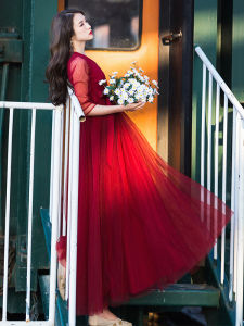 ชุดเดรสยาวผ้าตาข่ายสีแดง ชุดฮันฟู ชุดนางฟ้า ฤดูร้อน 2025 ใหม่ ชุดเดรสผู้หญิง ชุดเดรสยาว ชุดเดรสคอวี แขนยาว กระโปรงทรงเอ