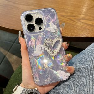 Kafier Suitable for Beautiful Purple Feather Yarn Butterfly Three-Dimensional Heart Bracelet Iphone15pro Max Phone Case Apple 14 New Arrival 12 Silicone 11 Female plus Creative 13Promax Drop-Resistant