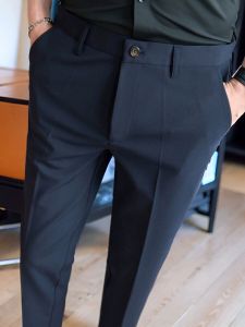 Fall Mens ชุดกึ่งทางการ สลิมฟิต Nine-Tenths กางเกง Cuffed กางเกงขายาว Blue Small Foot กางเกงขายาว Draped Cone Shape Dark Blue