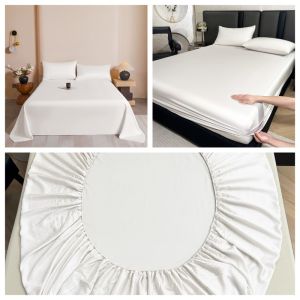 4pcs Solid White Sheet SetSilky Smooth Lyocell Fiber Flat/Top Sheet+Fitted Sheet +PillowcaseSilky Bed Linens For 1.5m Bed