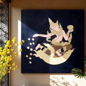 สไตล์เอเชียตะวันออกเฉียงใต้ทางเดินตกแต่งภาพวาดไทย Softclosure โรงแรมร้านอาหารผนังแขวนภาพวาดตัวอักษรแบบดั้งเดิมทาสีผนังภาพวาดฟอยล์สีทอง