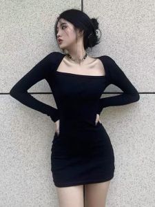 สีดําสแควร์คอถักเสื้อกันหนาวแฟนสไตล์แขนยาวชุดผู้หญิงฤดูใบไม้ผลิฤดูใบไม้ร่วงฤดูหนาว