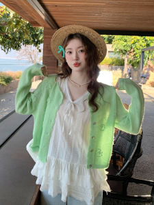 Green round Neck Knitted Open Cardigan Outerwear Womens Spring Summer New Ice Silk Thin Sun Protection Small Top