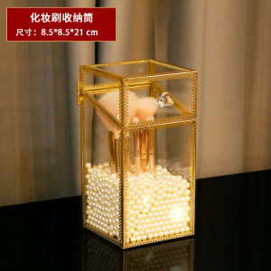 Elegant Cosmetic Storage Box Copper Glass Luxury Lipstick Skincare Desktop Organizer Transparent Dustproof Rectangular Shelf