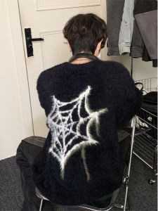American Style Spider Web Embroidered Sweater round Neck Knitted Loose Winter Casual Wear for Men And Women High Street Autumn Winter Lazy Style