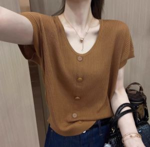 Shalldoer | V-neck Short Sleeve Ice Silk Retro Red Summer Style Blouse