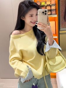 เสื้อสเวตเตอร์ถักคอวีแขนกุดสีเหลืองสำหรับผู้หญิง ฤดูใบไม้ร่วง/ฤดูหนาว เสื้อเชิ้ตผู้หญิง ดีไซน์เก๋ไก๋ ชั้นใน สไตล์เกาหลี แขนยาว ปกติ