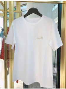 Womens Embroidered Golden Ox Short Sleeve T-Shirt White Versatile Summer Fashion Top Korean Style Loose Fit Cotton Blend