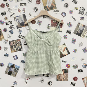 BM American Retro Three-Button Gingham Small Sling Vest Womens Outerwear BM Inner off-the-Shoulder Back Shoelace Tops