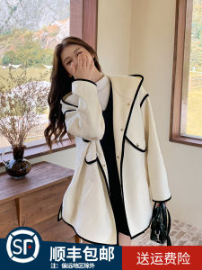 Trendy Khaki Woolen Coat Womens Loose Fit Winter New Style Korean Version Straight Tube Long Sleeve Hooded Mid-Length Coat