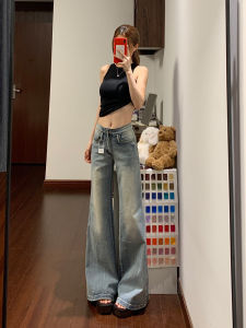 American Style High Waist Bell Bottom Jeans Womens Loose Fit Slimming Long Washed Denim Pants Autumn Season Low Waist Zipper Closure