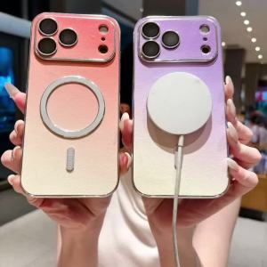 Fashionable Gradient Leather Texture Coil Magnetic Phone Case for iPhone 17 16 15 14 Plus 13 ProMax For Magsafe Shockproof Cover