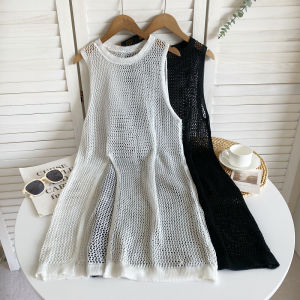Spring Summer Knitted round Neck Sleeveless Hollow out Vest Dress Womens High Waist A-Line Short Skirt Style Fashion Commute