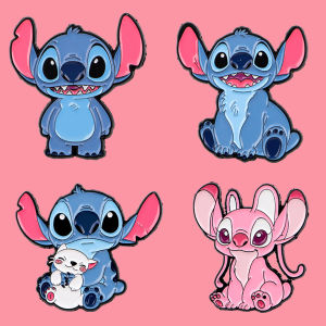 Cute Blue Pink Stitch Anime Enamel Pins Custom Cartoon White Kitty Brooches Lapel Badges Funny Jewelry Gift for Friends