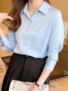 AMMIN 2025 Spring New Simple Lapel Light Blue Striped Commuter Chiffon Shirt Womens Korean Style Single Breasted Design Sense Business Ol Long Sleeve Elegant Blouse