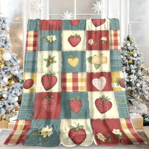 Beast Kingdom | Patchwork Strawberry Plaid Floral Flannel Blanket Soft Fuzzy Plush Cozy Warm Throw for Sofa Bed Couch Home Decor