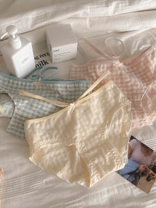 Sweet Cotton Underwear Briefs Womens mid Waist Triangle Pants Breathable Antibacterial Japanese Style Floral Checkered Print