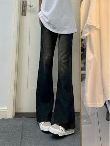 กางเกงยีนส์ทรงตรงเอวสูงทรงสลิมฟิตสำหรับผู้ชาย สไตล์ย้อนยุค สีน้ำเงิน กางเกงขายาวทรงตรงสำหรับวัยรุ่น สไตล์อเมริกัน