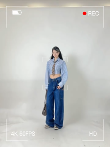 PREIE SIMPLE Dark Blue Vintage Retro Style Oversized Pocket Utility Jeans for Men and Women Loose Fit Distressed Denim Wide-Leg