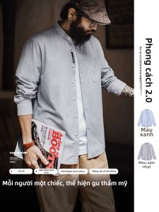 MADENGGONGZHUANG | Men Autumn Long Sleeve Oxford Shirt Stand Collar Cotton