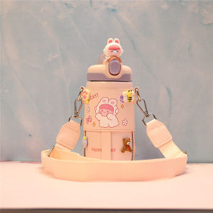 Adorable Childrens Insulated Water Bottle with Straw Anti-Fall Crossbody Cup for Kindergarten Girls Prevent Choking