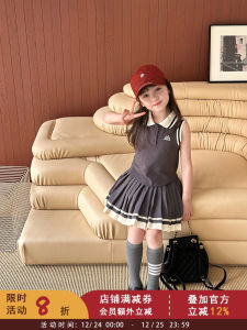 Yiyima Childrens Polo Dress Set Korean Style Casual Plaid Vest Skirt Two-Piece Set Girls Summer Cotton Polyester Blend