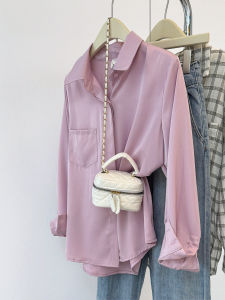 เสื้อเชิ้ตผู้หญิงแขนยาวผ้าซาตินอะซิเตทสีม่วงหลวมๆ สำหรับฤดูใบไม้ผลิ ทรงหลวมๆ สำหรับการสัมภาษณ์งาน เสื้อเชิ้ตผู้หญิงสไตล์ฝรั่งเศส