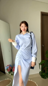 Set công sở nữ đồ mặc hè set áo cổ bẻ sơ mi tay dài phối viền cài quy nút kèm chân váy xẻ tà