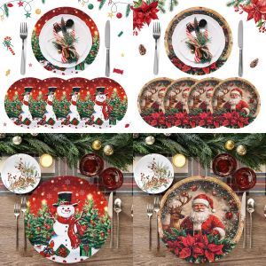 4Pcs Christmas Santa Elk Round Placemat Linen Dining Table Mats Coaster Bowl Coffee Cup Pad Mat 2025 Navidad Home Kitchen Decor