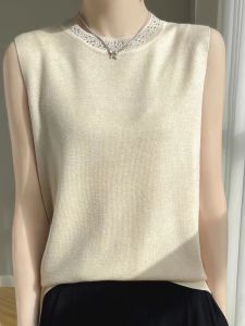 Undershirt Womens Spring Fall and Winter Inner Wear 2024 Western Style Heavy Industry Beads Sleeveless Knitting Tops