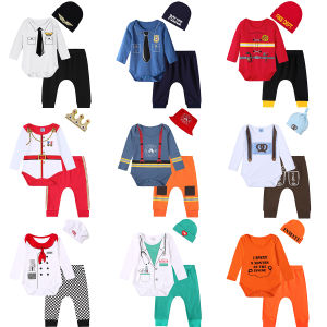 Pilot Costume for Baby Boy Costume Cotton Prince 3PCS Fireman Outfit Infant Police Clothes First Birthday Photoshoot Clothing Newborn Girls Chef Doctor Kindergarten Performance Bodysuit Pants Hat