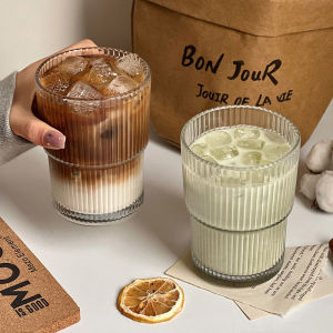 Vertical Stripes Glass Coffee Cup With Lid and Straw