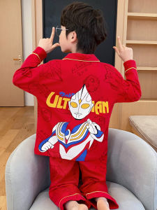 Childrens Cotton Pajamas Spring Autumn 2025 New Year Boys Home Clothes Pure Cotton Set Red Zodiac Year Cartoon Print