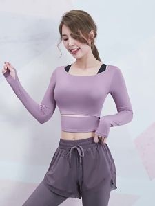 ผู้หญิงแขนยาวกีฬา Crop Tops D สะดือโยคะเสื้อยืดวิ่งเสื้อ Quick Dry ฟิตเนส Gym Tees ปิดไหล่