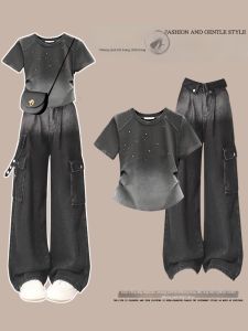 NUMEN BUTTON | Plus Size Womens Summer Denim Set Stylish High Waist Wide Leg Trousers Top