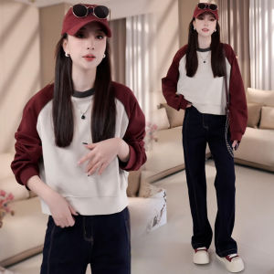 เสื้อฮู้ดคอกลมแขนยาวสไตล์เกาหลีสำหรับผู้หญิง ทรงหลวม ปกติ ฤดูใบไม้ผลิและฤดูใบไม้ร่วง เสื้อชั้นในลำลองสีบล็อกแฟชั่นสำหรับผู้หญิงวัยกลางคน