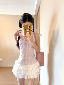 เสื้อกั๊กสายเดี่ยวลายทางสีชมพูสำหรับผู้หญิงในช่วงฤดูร้อน เสื้อผ้าทำงานสไตล์เกาหลี ทรงเข้ารูป เซ็กซี่ กระชับสัดส่วน เสื้อผ้าทำงาน