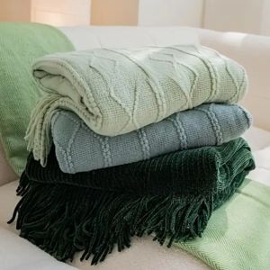 Oversized Green Blankets Ins Nordic Tassel Knitted Blanket Office Napping Air Conditioning Blanket Cover Shawl Bed End Towels