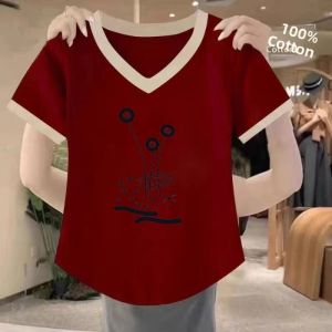 QIAOXIZI | Cotton V-Neck Short Sleeve T-Shirt for Women Loose and Concealing