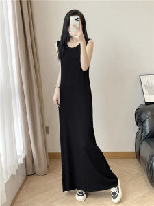 เรียบหรู สีดำ แขนกุด เสื้อกั๊กยาว เดรส ผู้หญิง ฤดูร้อน Match กางเกงยีนส์ เสื้อโค้ท หลวม พรางหุ่น ผ้าคลุมหน้าท้อง ผ้าไหมน้ําแข็ง เดรส สไตล์เกาหลี