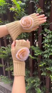 Womens Short Hairball Knitted Wool Gloves Half Finger Warm Sleeves Autumn Winter Fashionable Soft Comfortable Hand Cover