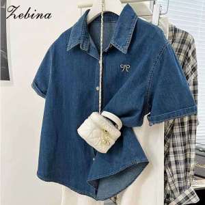 Zebina   เสื้อผู้หญิง แจ็คเก็ต เสื้อเชิ้ตยีนส์ ลำลอง สไตล์เกาหลี เสื้อเชิ้ตยีนส์แขนสั้น เข้ารูป